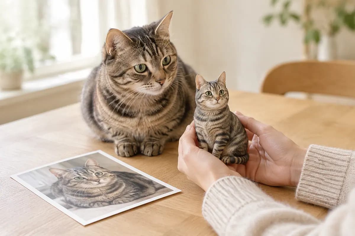 照片旁边，一只照着它做的虎斑猫小像被双手捧着