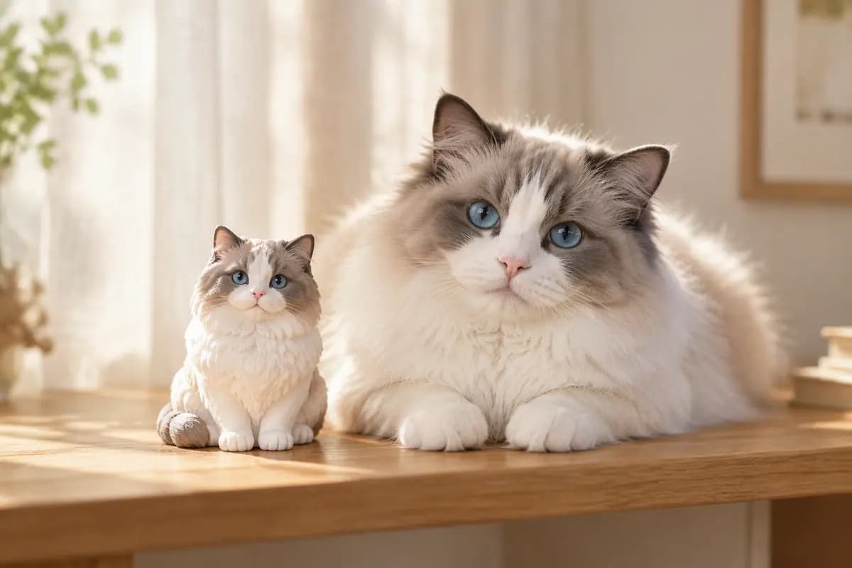 木架上的布偶猫小像，真猫趴在一旁