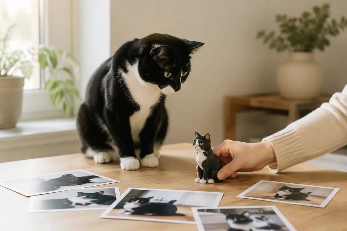桌上摊着照片，手边放下一只照着它做的奶牛猫小像