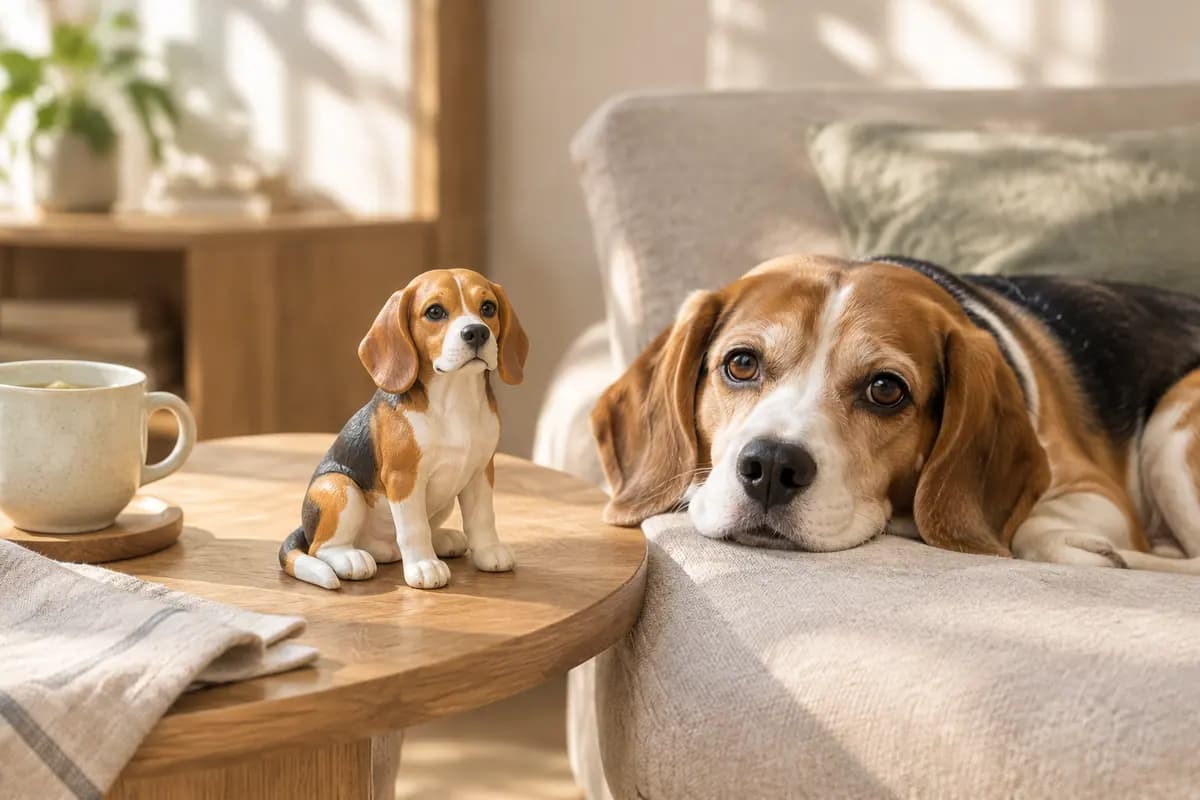 茶杯旁的小猎犬小像，真狗趴在沙发边