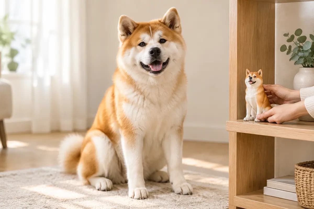 原木架上摆着秋田犬的小像，真秋田坐在一旁