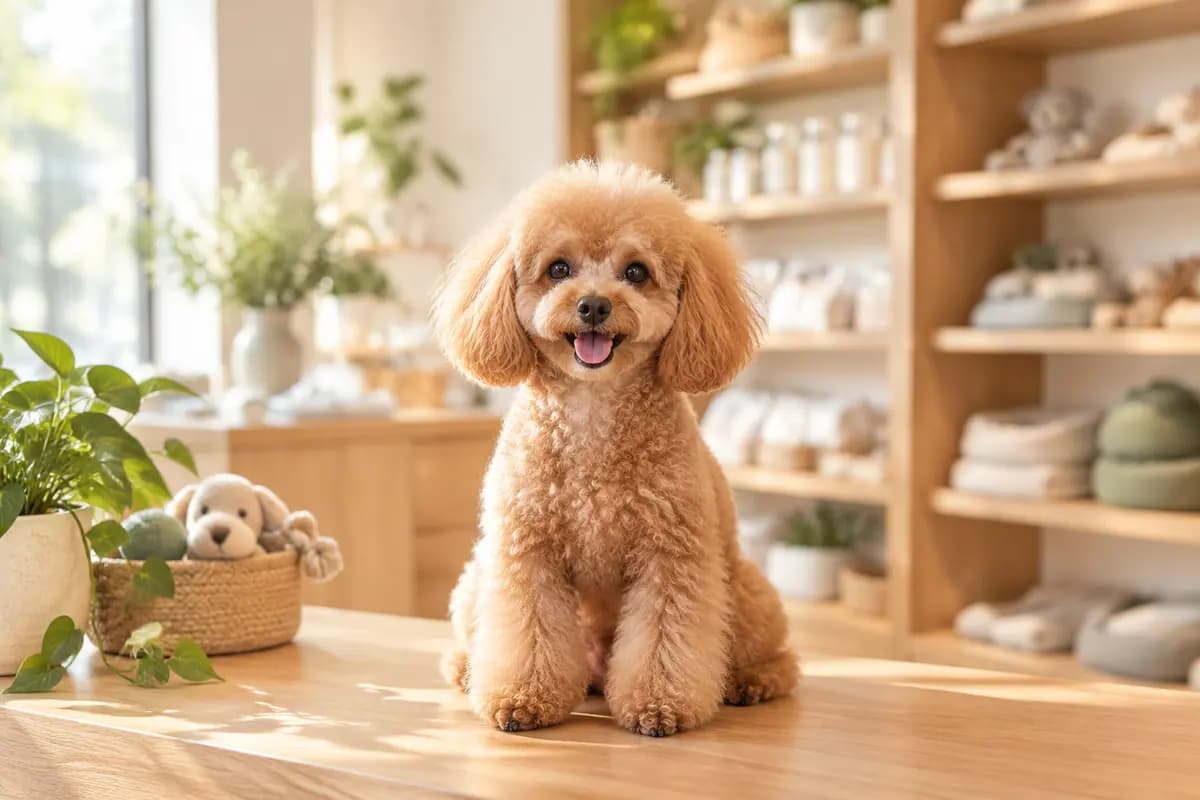 明亮的宠物店里，泰迪坐在原木柜台上