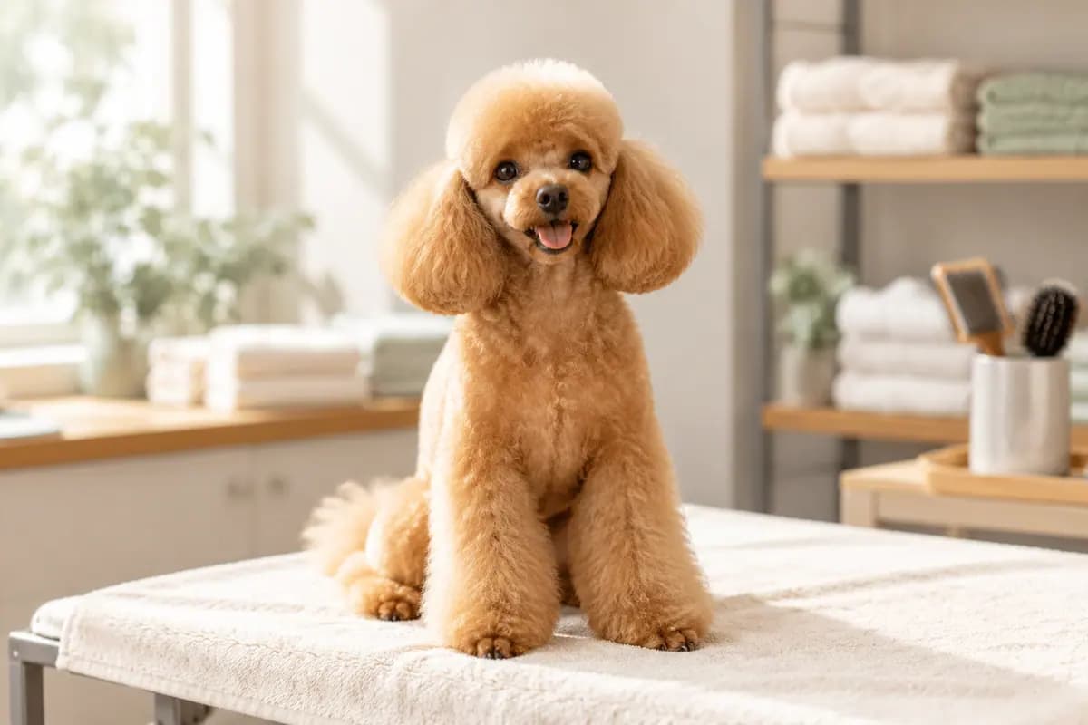 刚修完毛的贵宾犬精神地坐在毛巾上