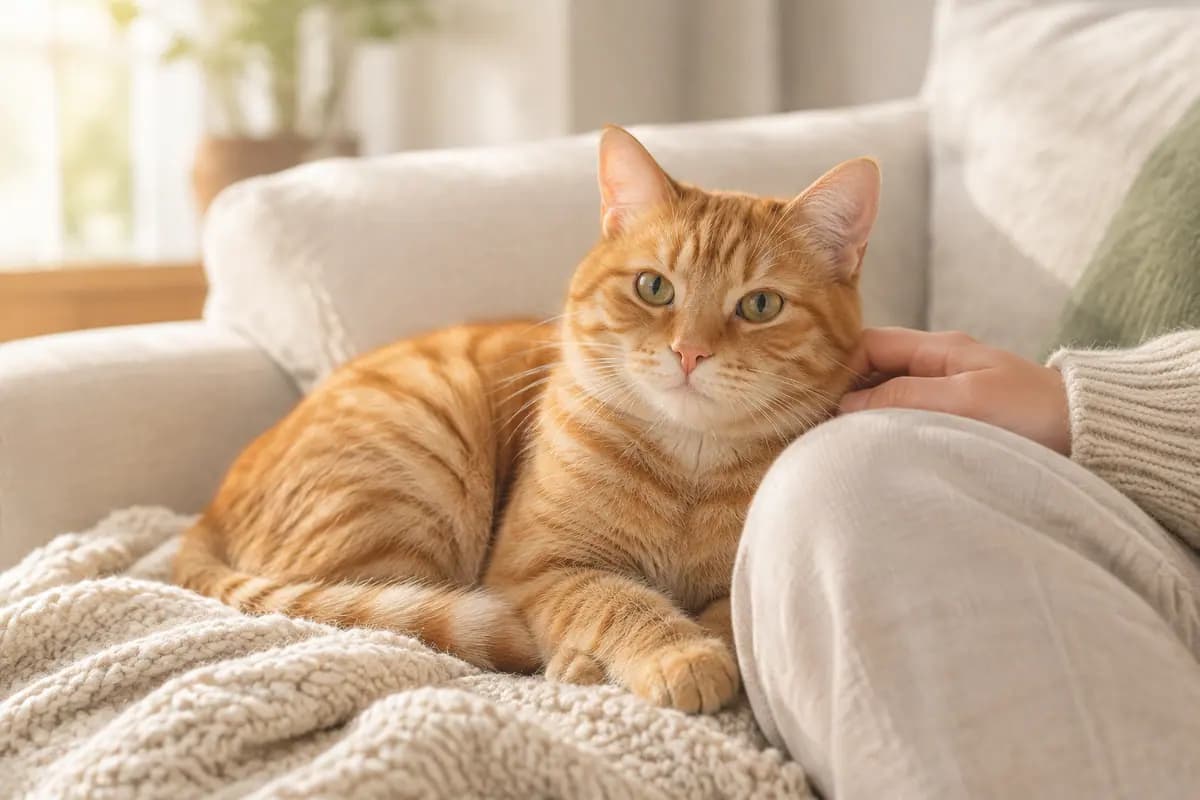 午后的沙发上,橘猫挨着人窝在毯子里