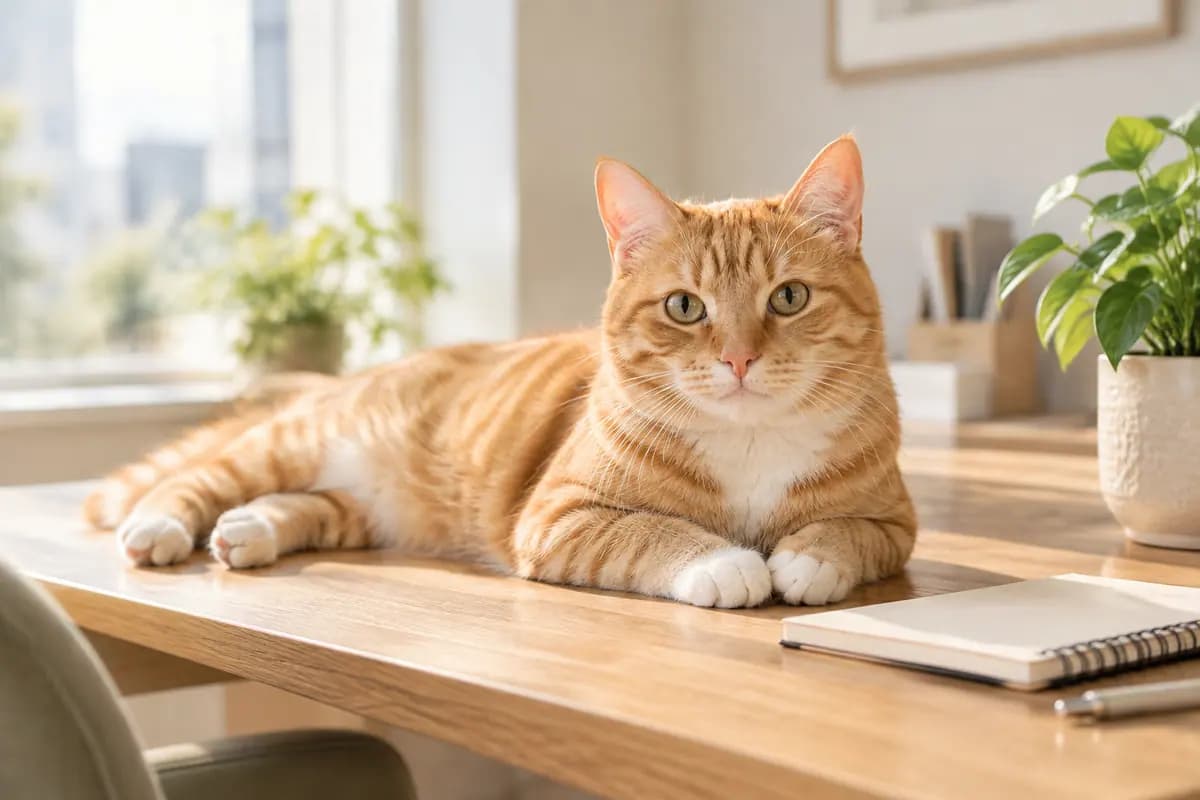 明亮的办公角,橘猫横躺在本子旁