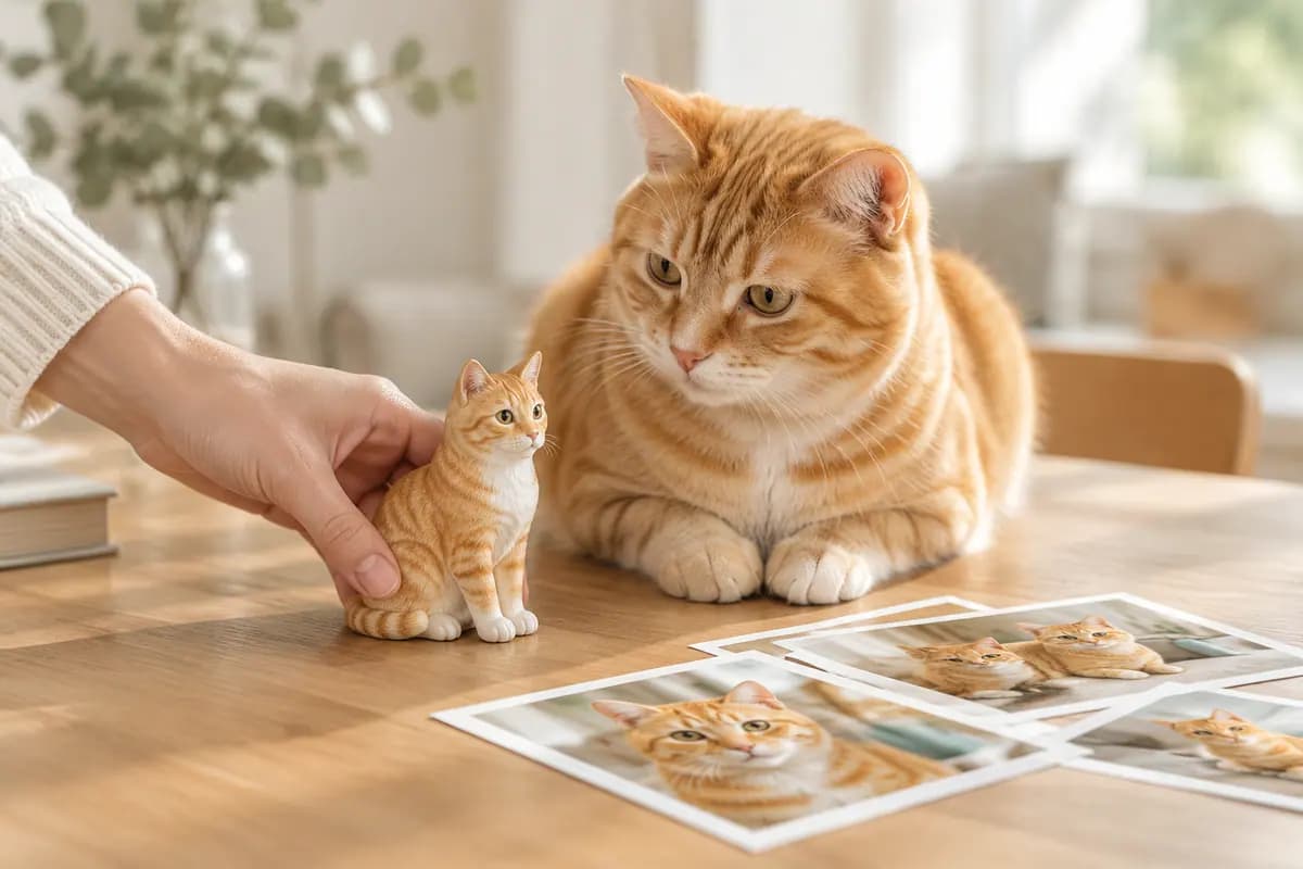 手边放下一只照着照片做的橘猫小像,真橘猫在旁边看着