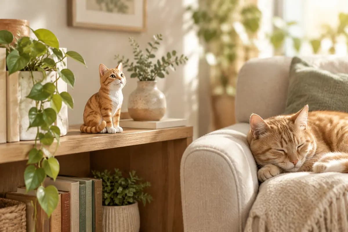 客厅书架上的橘猫小像,真橘猫在扶手椅上打盹