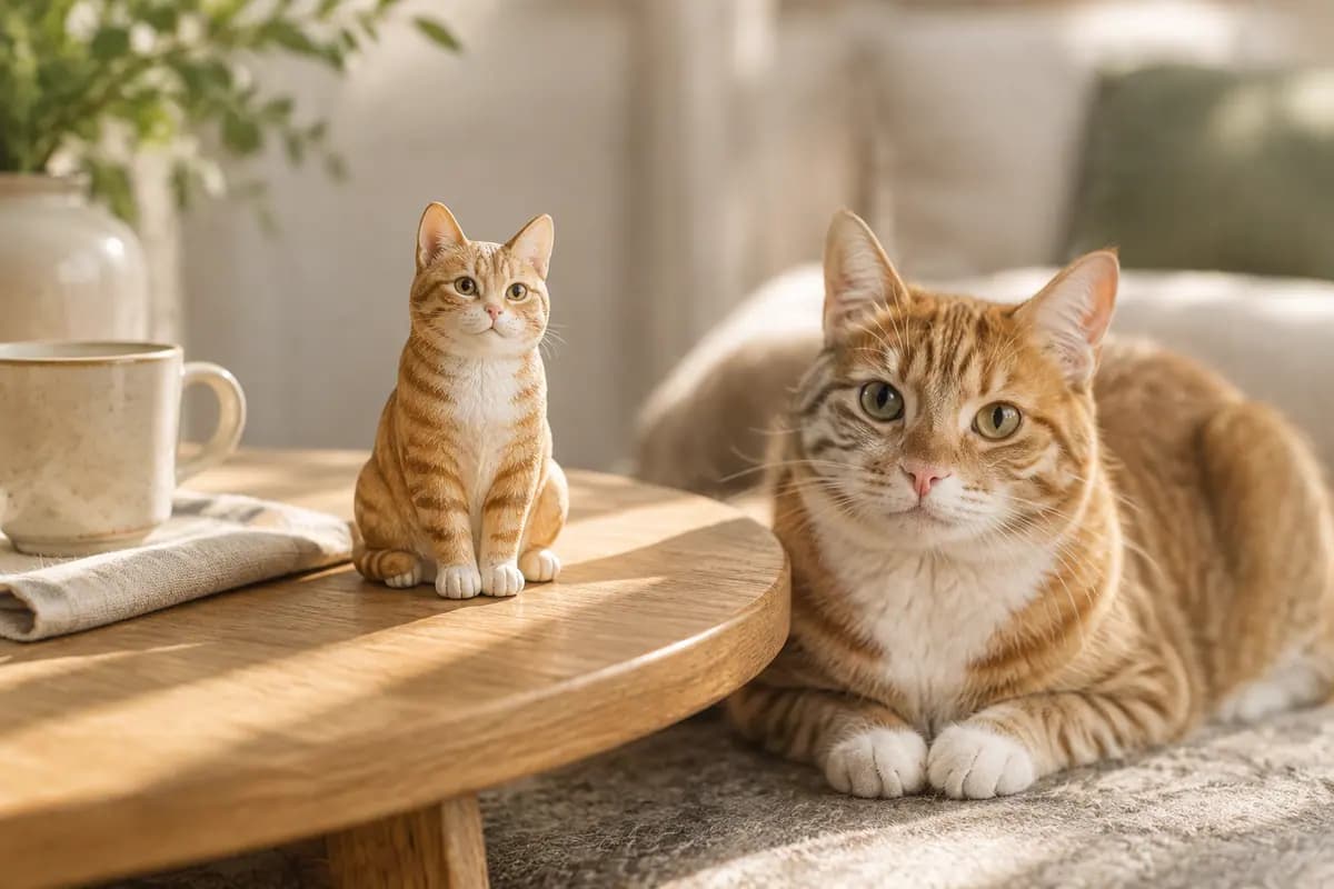 茶杯旁的橘猫小像,真橘猫在旁边休息