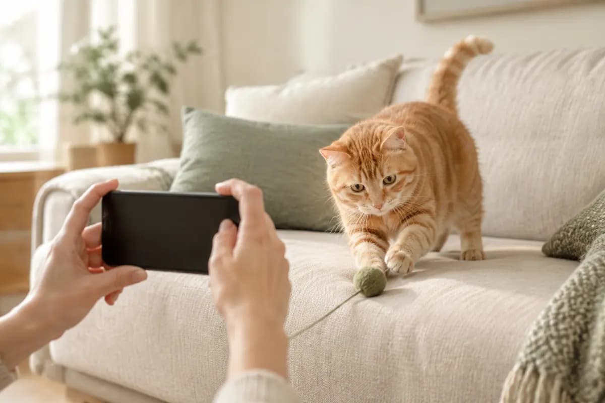 双手举着手机,给沙发上的橘猫拍视频
