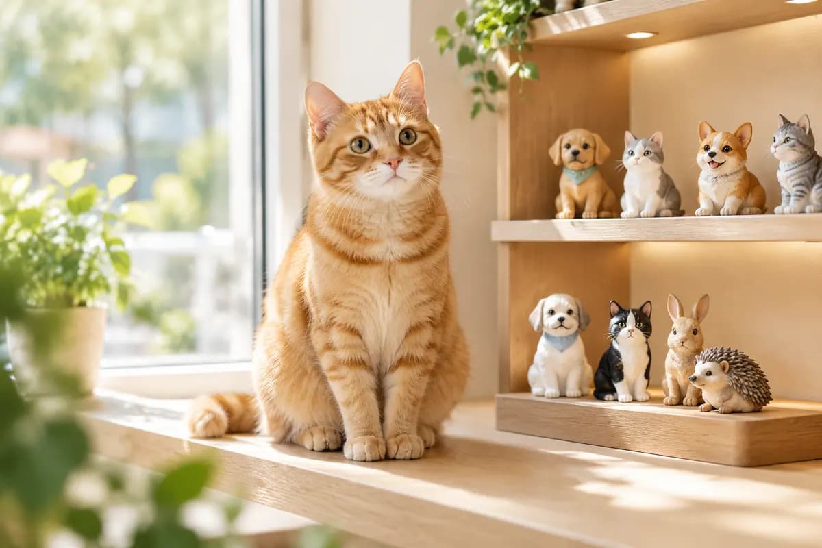 橱窗边的展示架上摆着宠物小像,橘猫坐在一旁