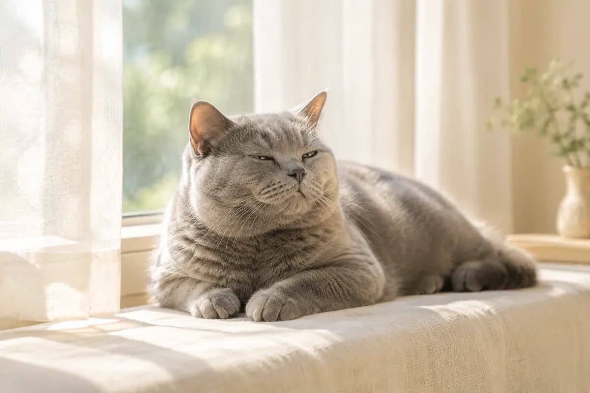 窗台上的阳光里,英短猫眯着眼晒太阳