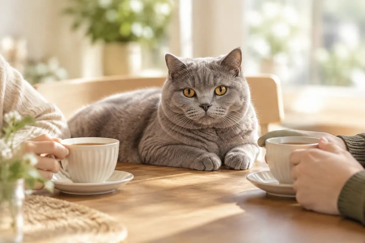 茶桌边两人在聊,英短猫安静地趴在一旁