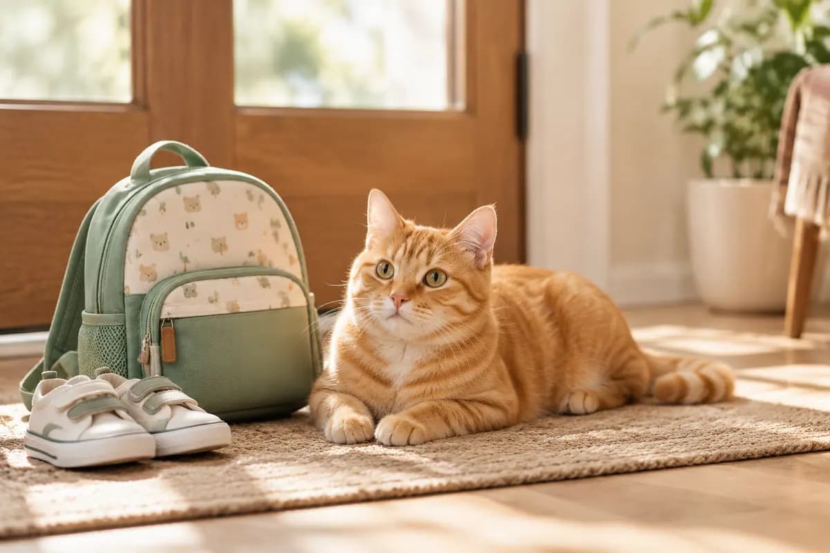 门口的小书包旁,橘猫等着孩子回家