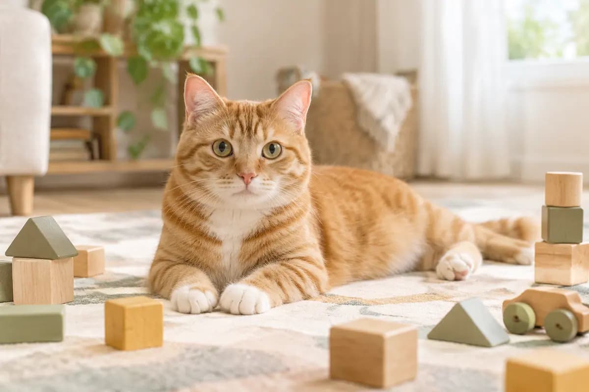 游戏垫上,橘猫趴在积木中间