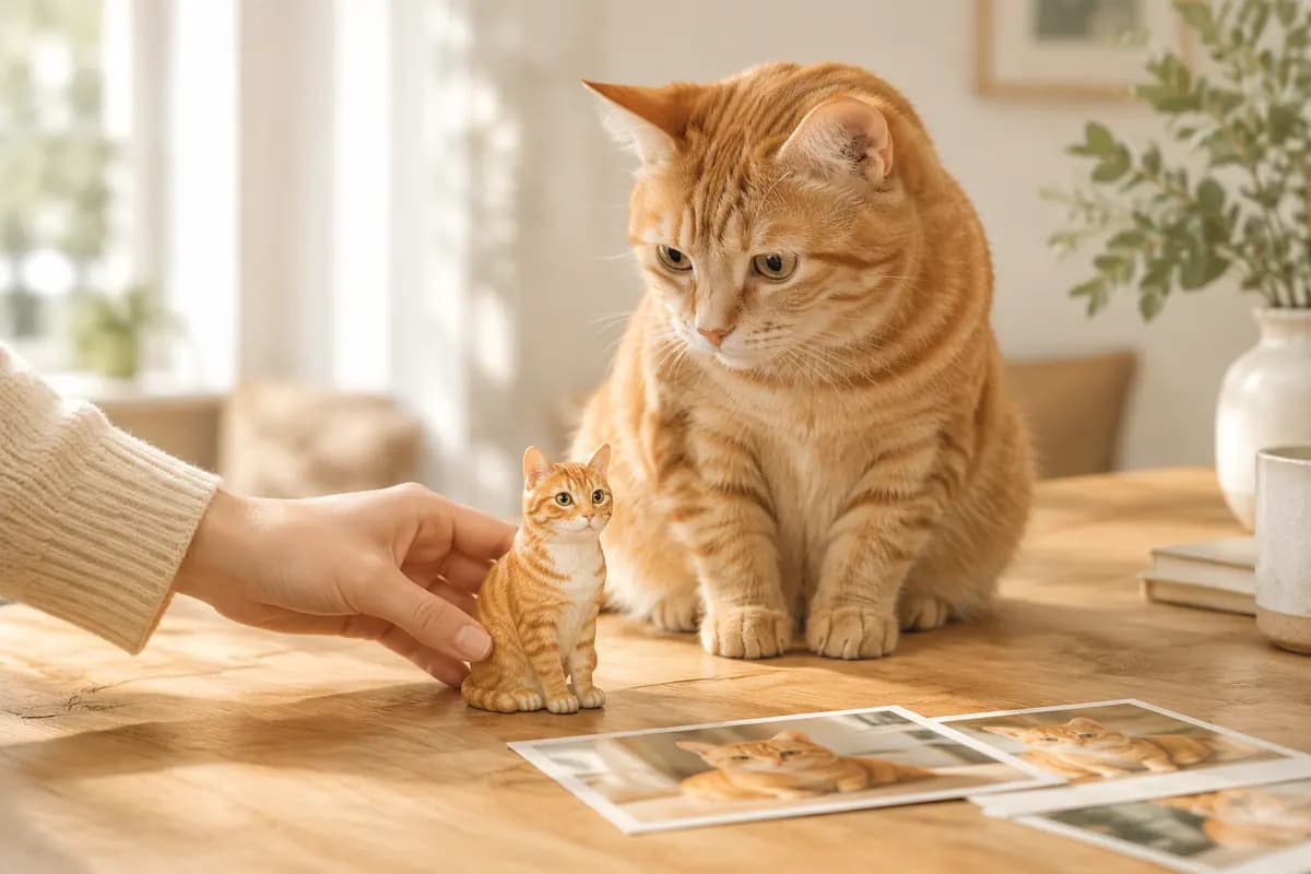 手边放下一只照着照片做的橘猫小像,真橘猫在旁边看着