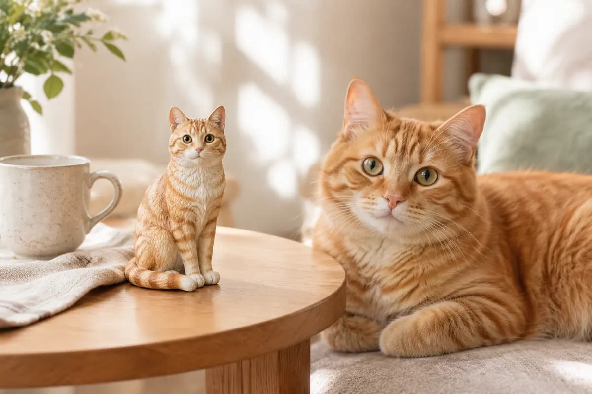 茶杯旁的橘猫小像,真橘猫在旁边休息