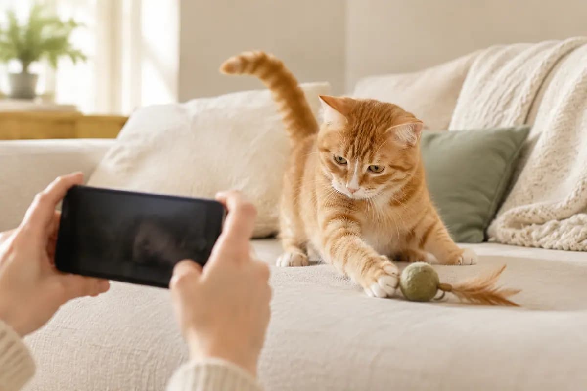双手举着手机,给沙发上的橘猫拍视频