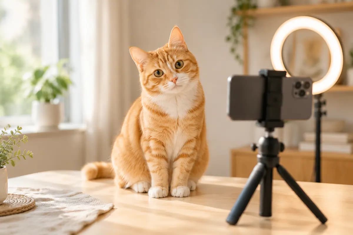 家里的小拍摄角,手机支架对着橘猫