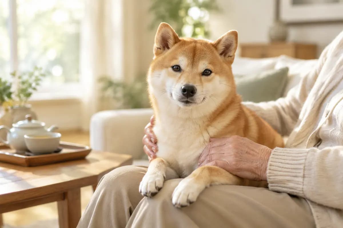 阳光客厅里,长辈的手轻抱着柴犬