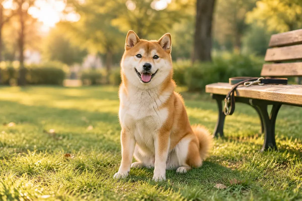 傍晚的公园草地上,柴犬安静地坐着