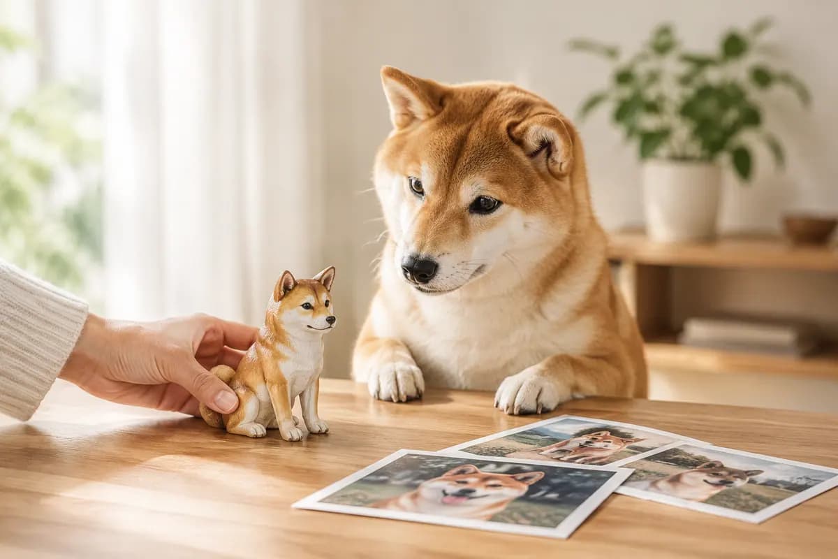 手边放下一只照着照片做的柴犬小像,真柴犬在旁边看着