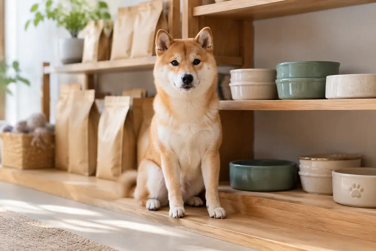 宠物店货架下层,柴犬安静地看着镜头