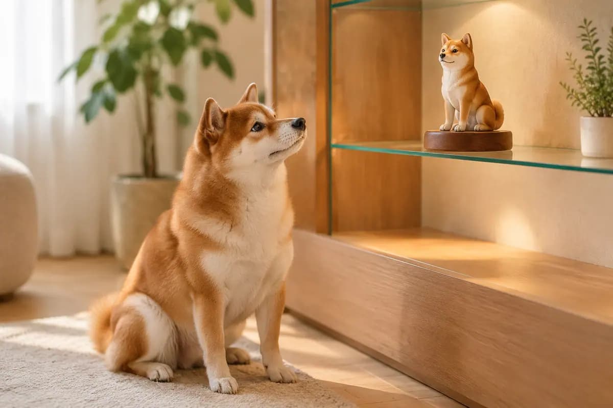 展柜里的柴犬小像,真柴犬坐在前面仰头看