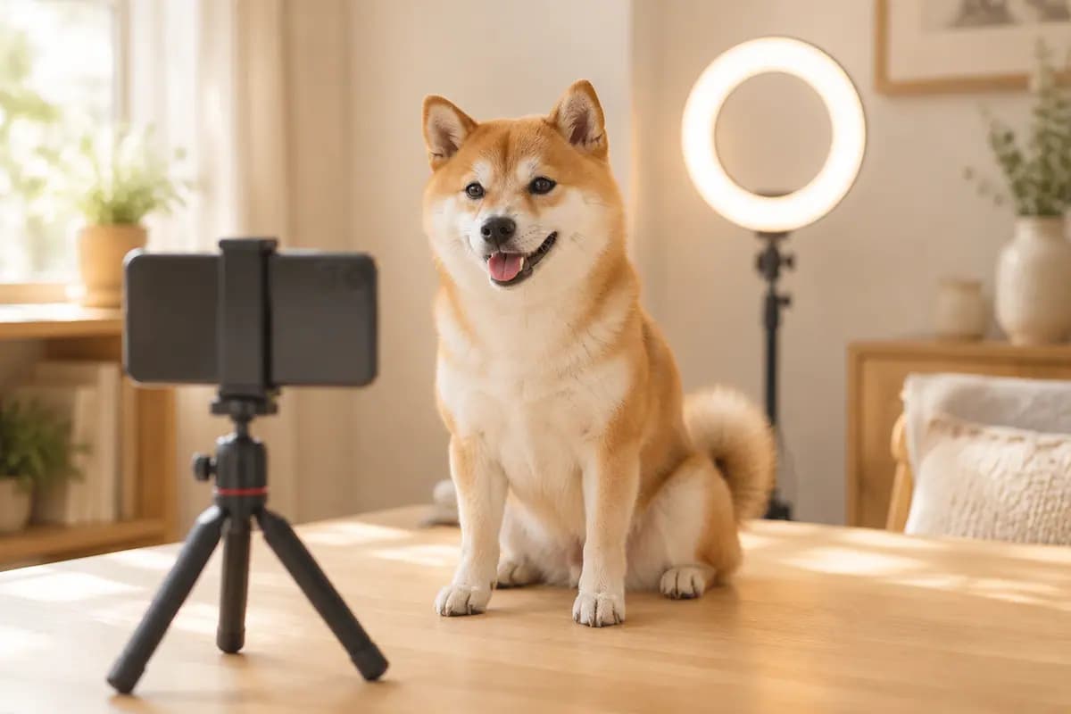 家里的小拍摄角,手机支架对着柴犬