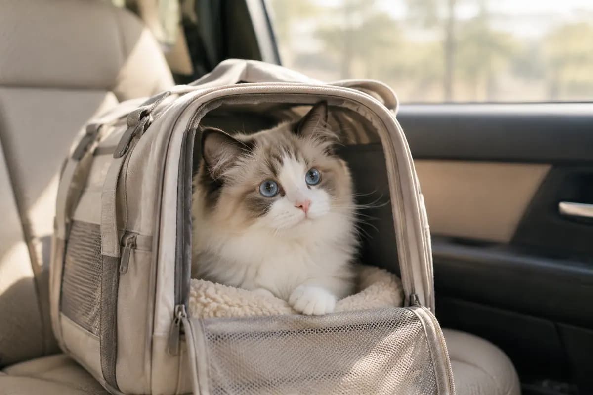 接回家的路上,小布偶猫从提包里探出头