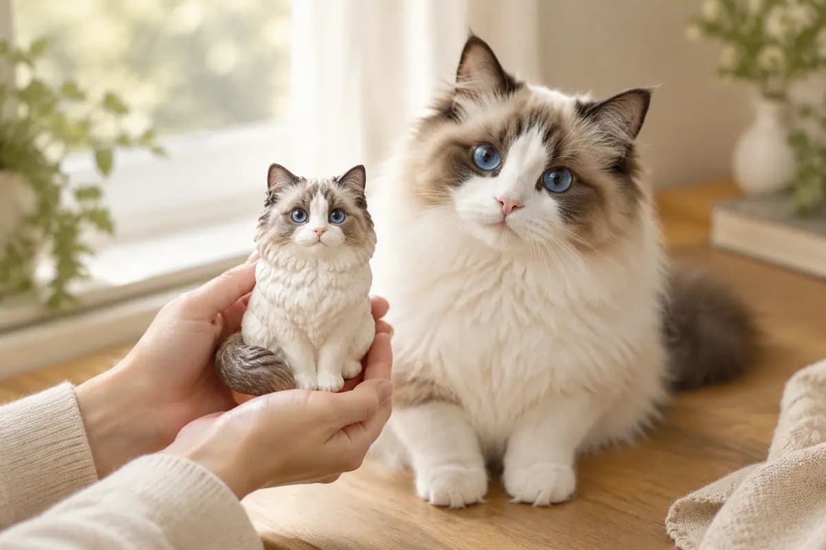 双手捧着布偶猫小像,真布偶猫就在身边