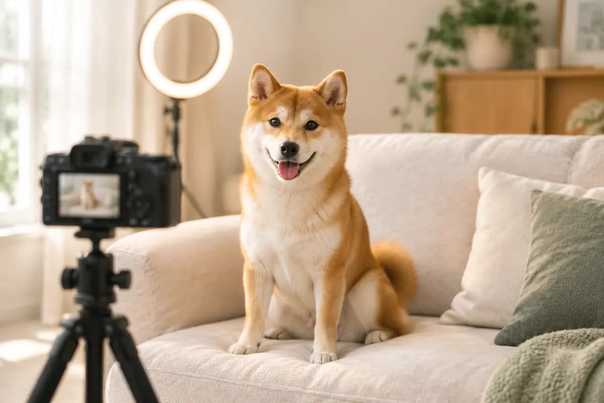 家里的拍摄角,相机对着沙发上的柴犬