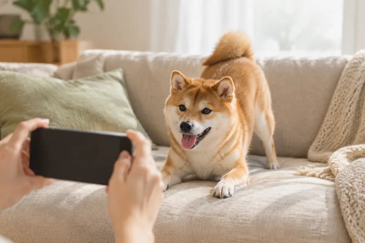 双手举着手机,给沙发上的柴犬拍视频