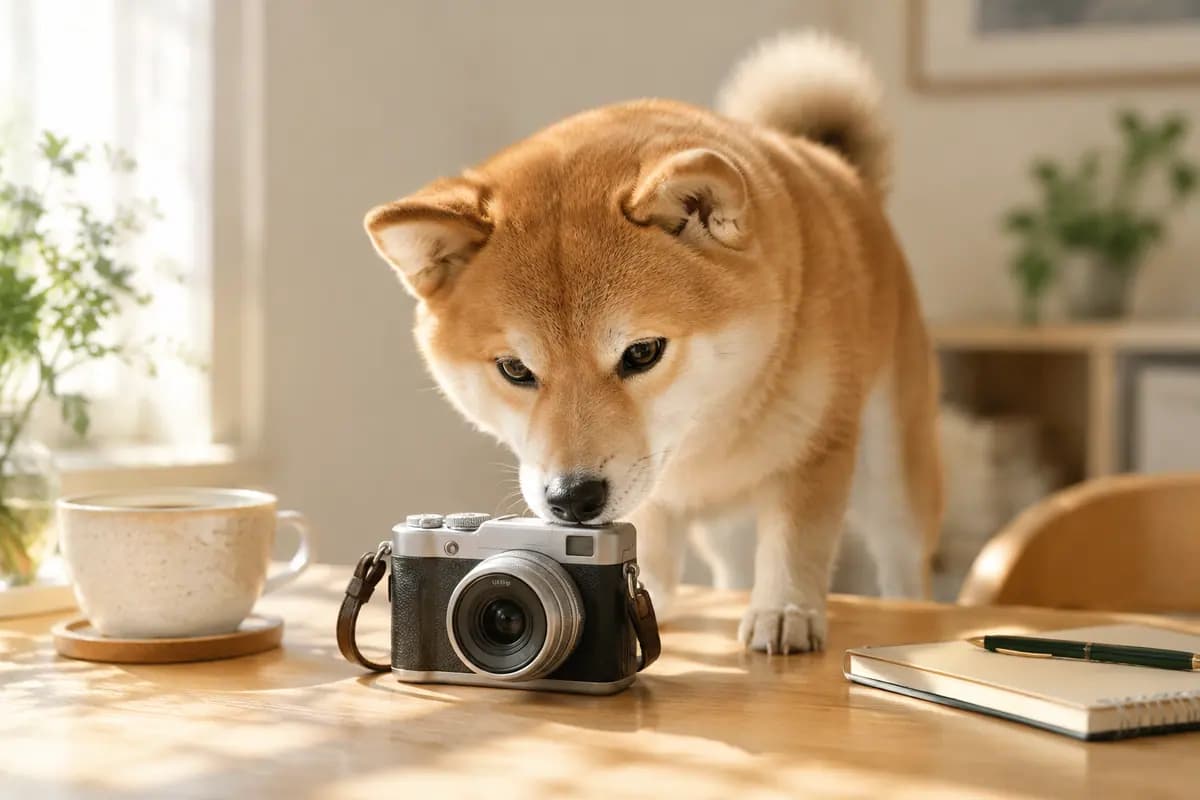 柴犬凑到书桌上的相机旁好奇地闻