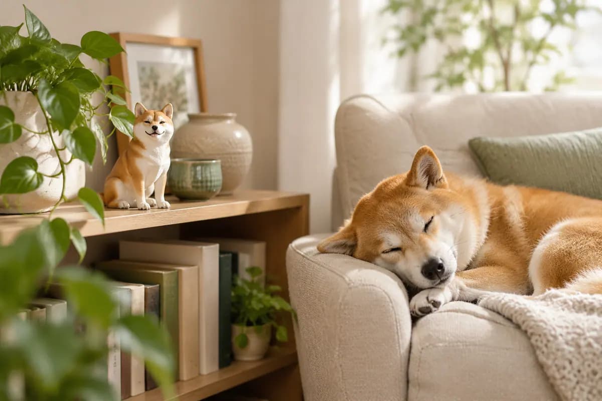 客厅书架上的柴犬小像,真柴犬在扶手椅上打盹