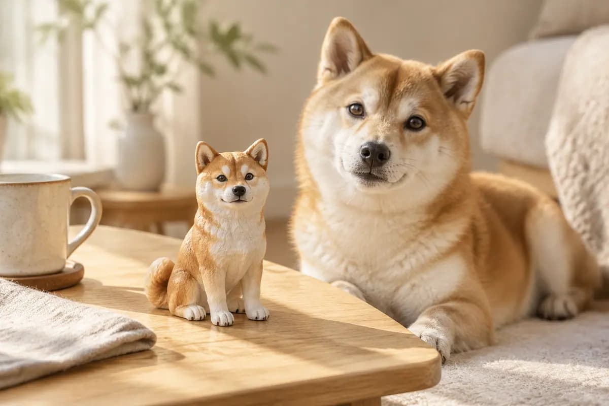 茶杯旁的柴犬小像,真柴犬在旁边休息