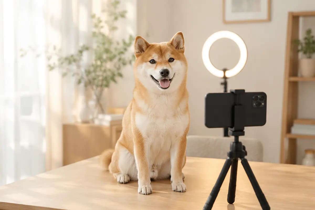 家里的小拍摄角,手机支架对着柴犬