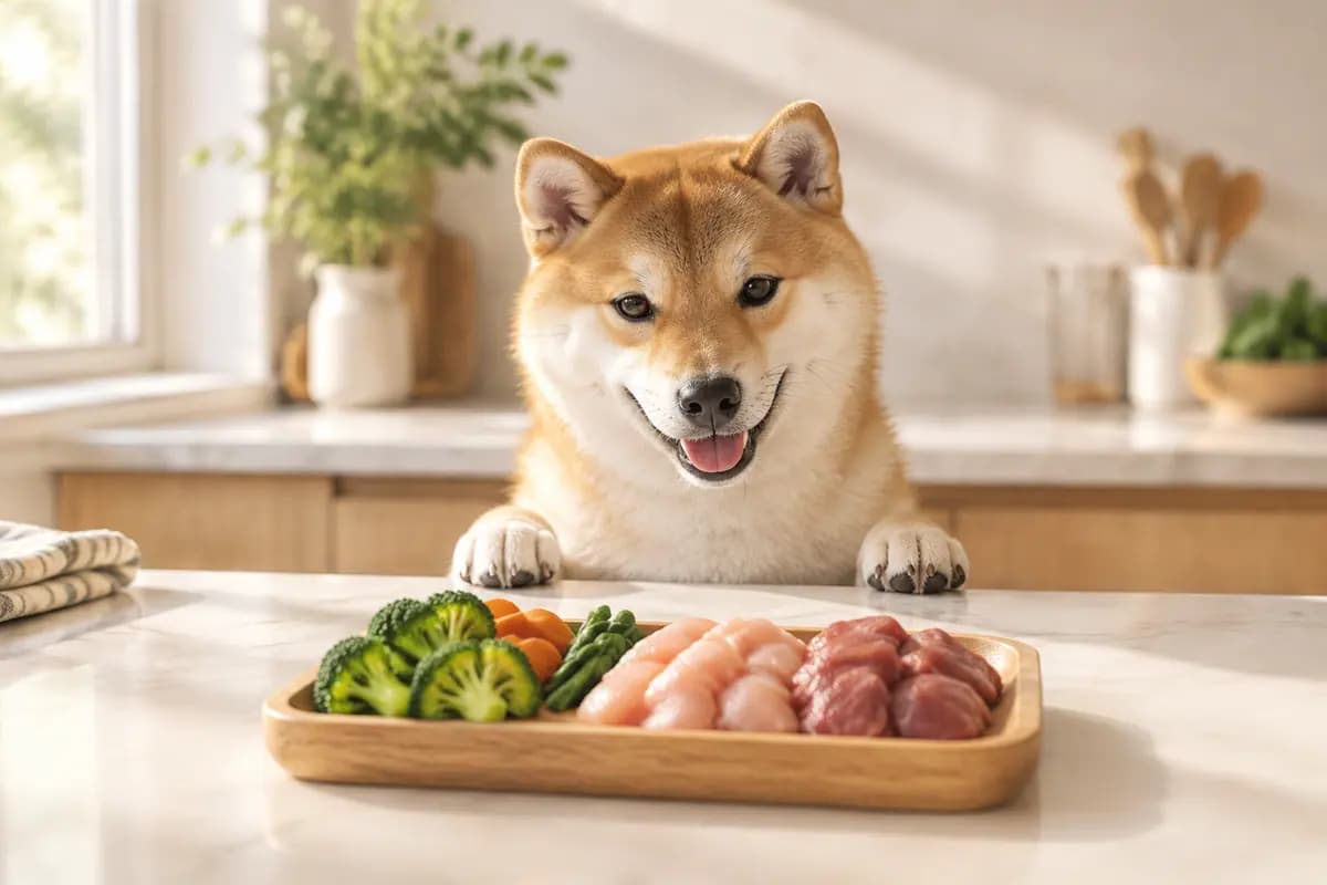 明亮的厨房里,柴犬守在食材托盘旁