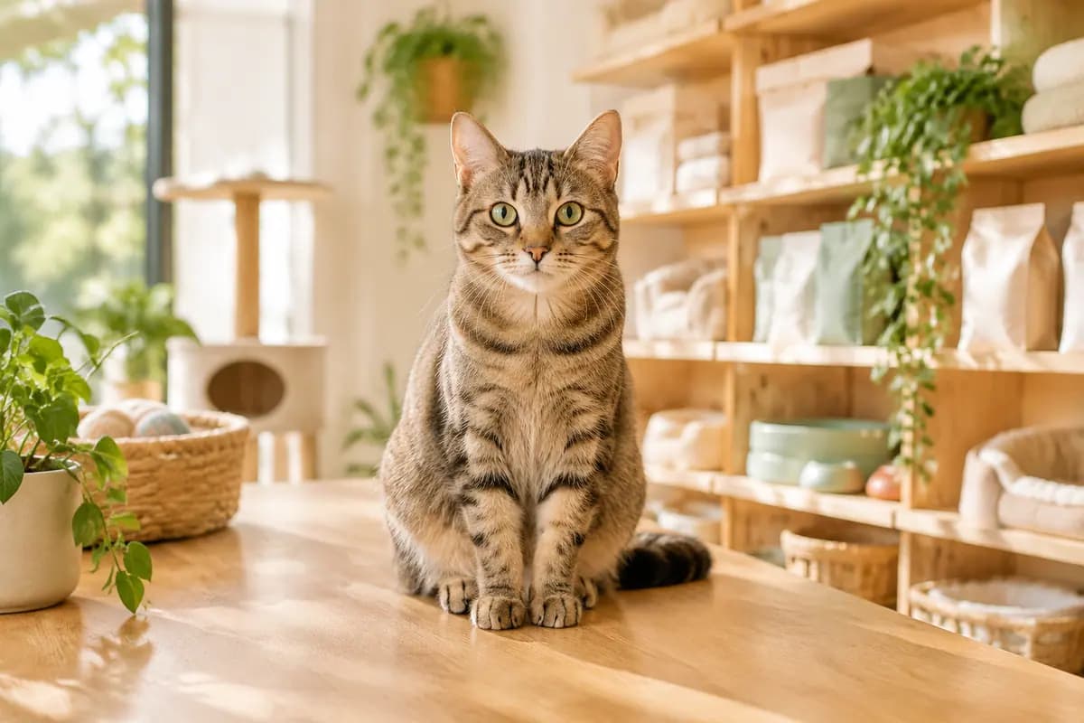 明亮的宠物店里,狸花猫坐在原木柜台上