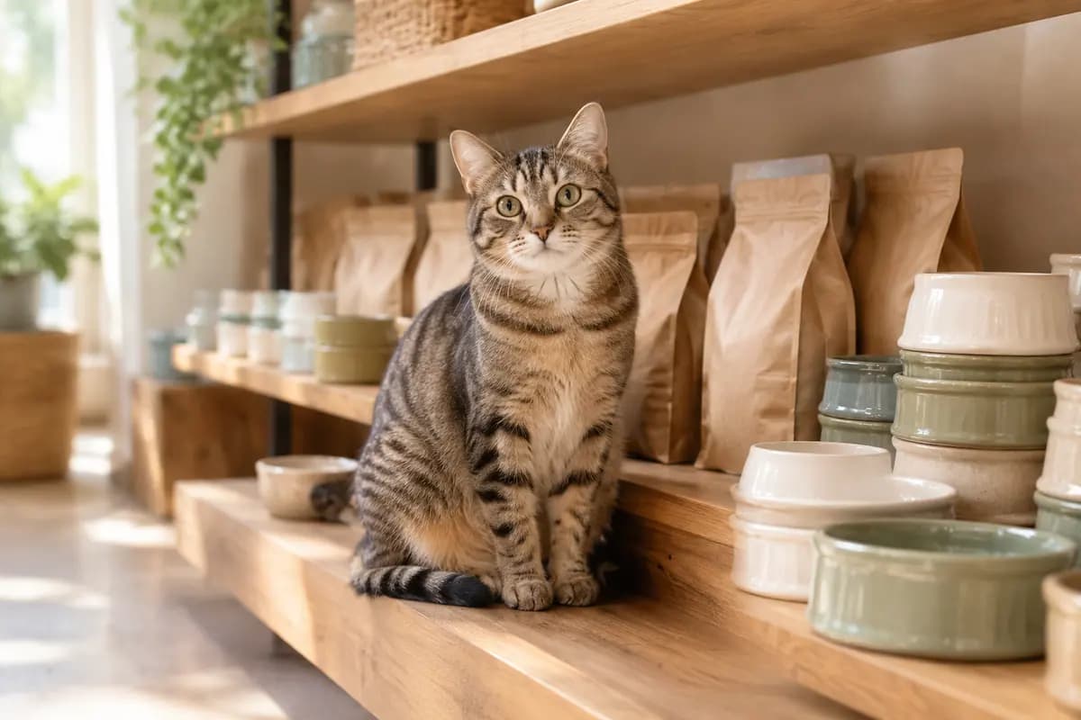 宠物店货架下层,狸花猫安静地看着镜头