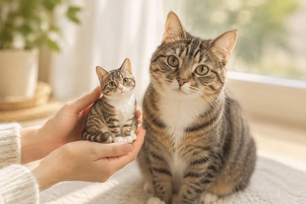 双手捧着狸花猫小像,真狸花猫就在身边