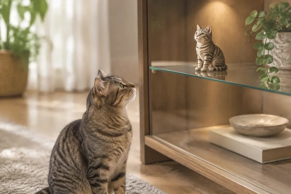展柜里的狸花猫小像,真狸花猫坐在前面仰头看