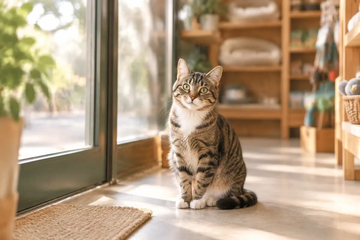 清晨的街角宠物店门口,狸花猫在玻璃门边等着