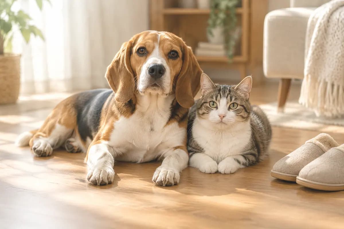 家里木地板的阳光下,比格犬和猫挨在一起