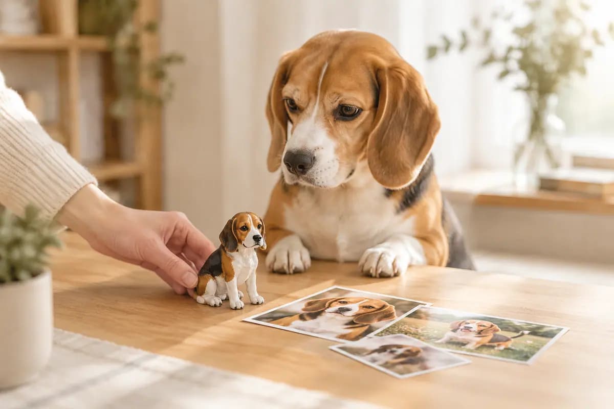 手边放下一只照着照片做的比格犬小像,真比格犬在旁边看着