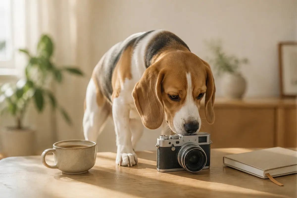 比格犬凑到书桌上的相机旁好奇地闻