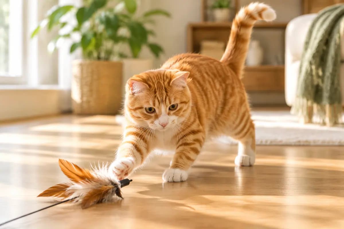阳光地板上,橘猫扑着逗猫棒