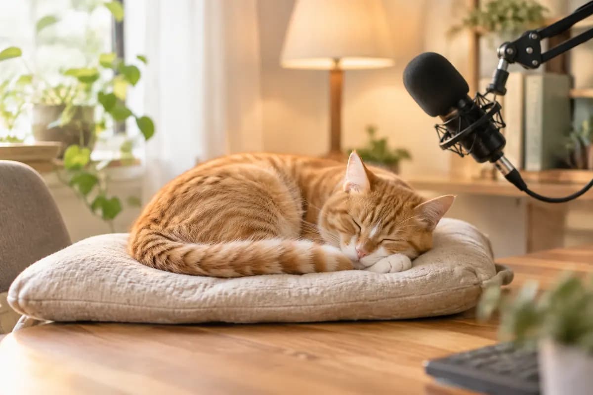 录音桌边的垫子上,橘猫睡着了