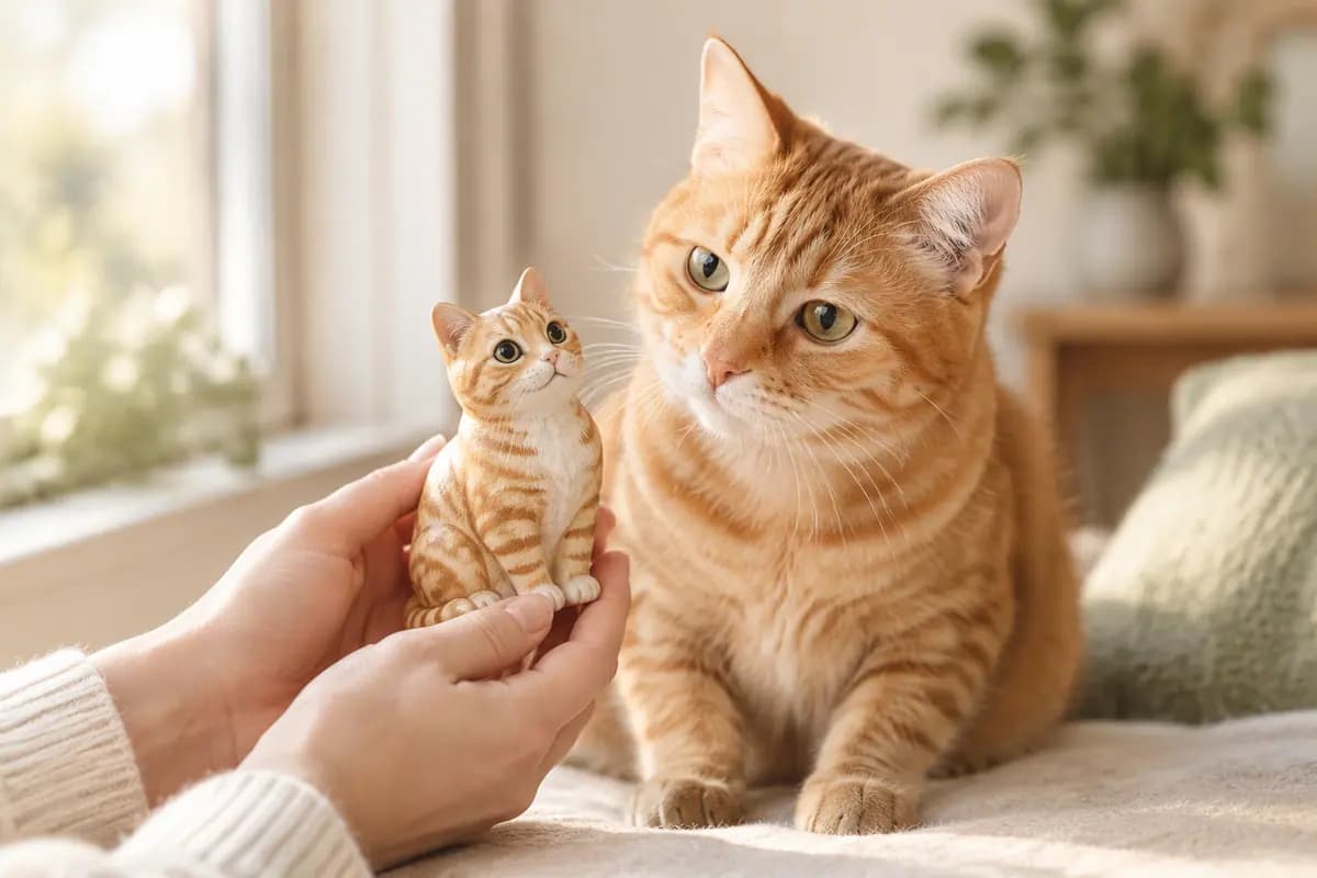 双手捧着橘猫小像,真橘猫就在身边