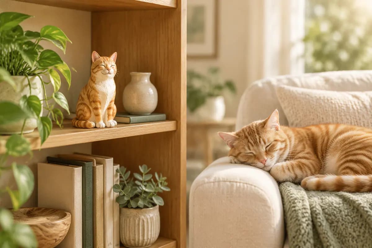 客厅书架上的橘猫小像,真橘猫在扶手椅上打盹