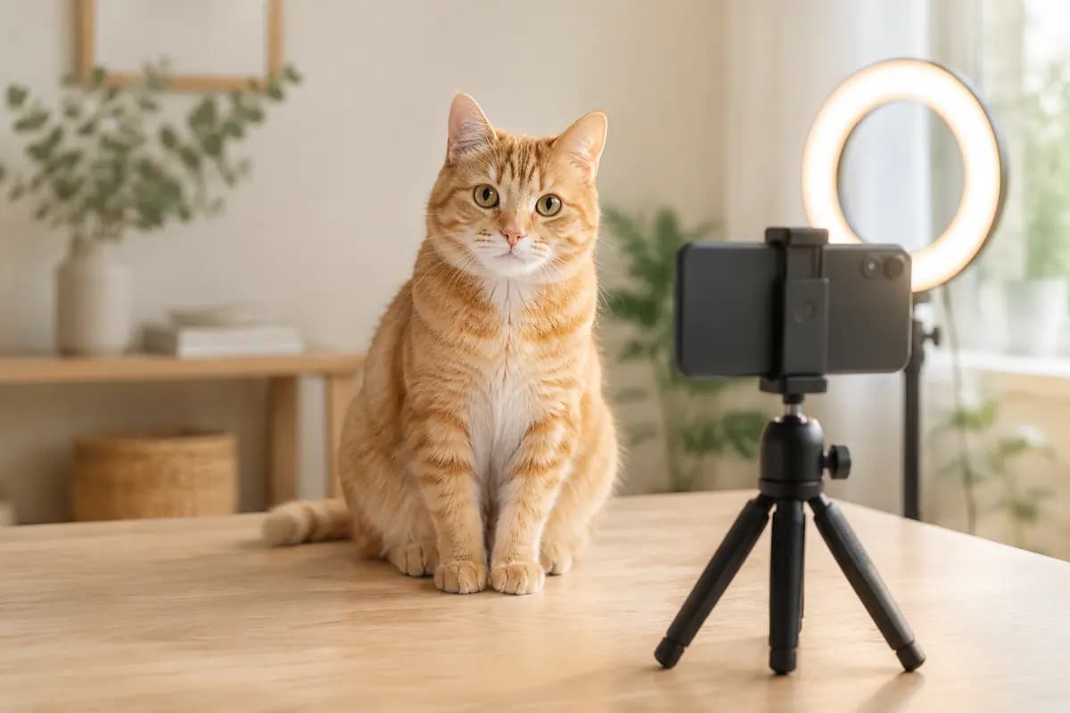 家里的小拍摄角,手机支架对着橘猫